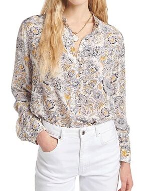 Vanessa Bruno Floral Split V-Neck Blouse in White and Mustard